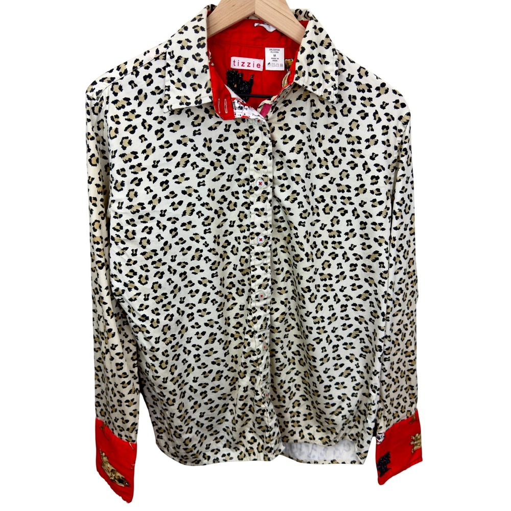 Tizzie Leopard Print Button Down Shirt Contrast Cuffs Womens Size M Dogs Whimsy
